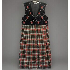 Vintage Christmas Maxi Dress Velvet Tartan Plaid Plus Size 24 Red Black Modest